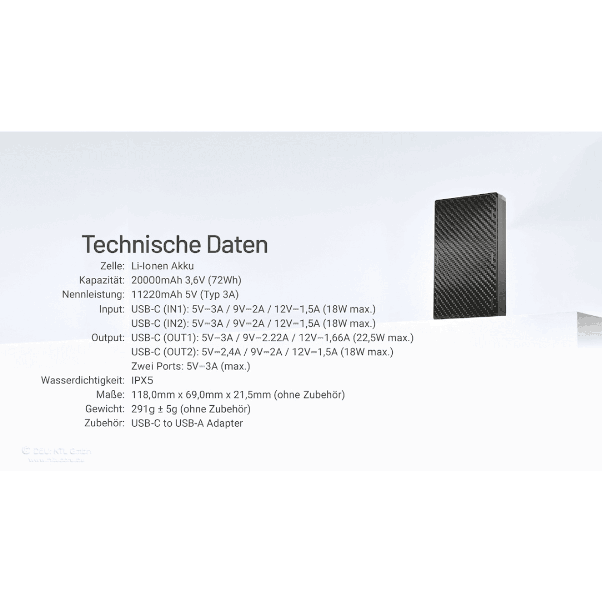 Lithium Akku, Kapazität 20000mAh, USB-C, Input 5V-3A, IPX5